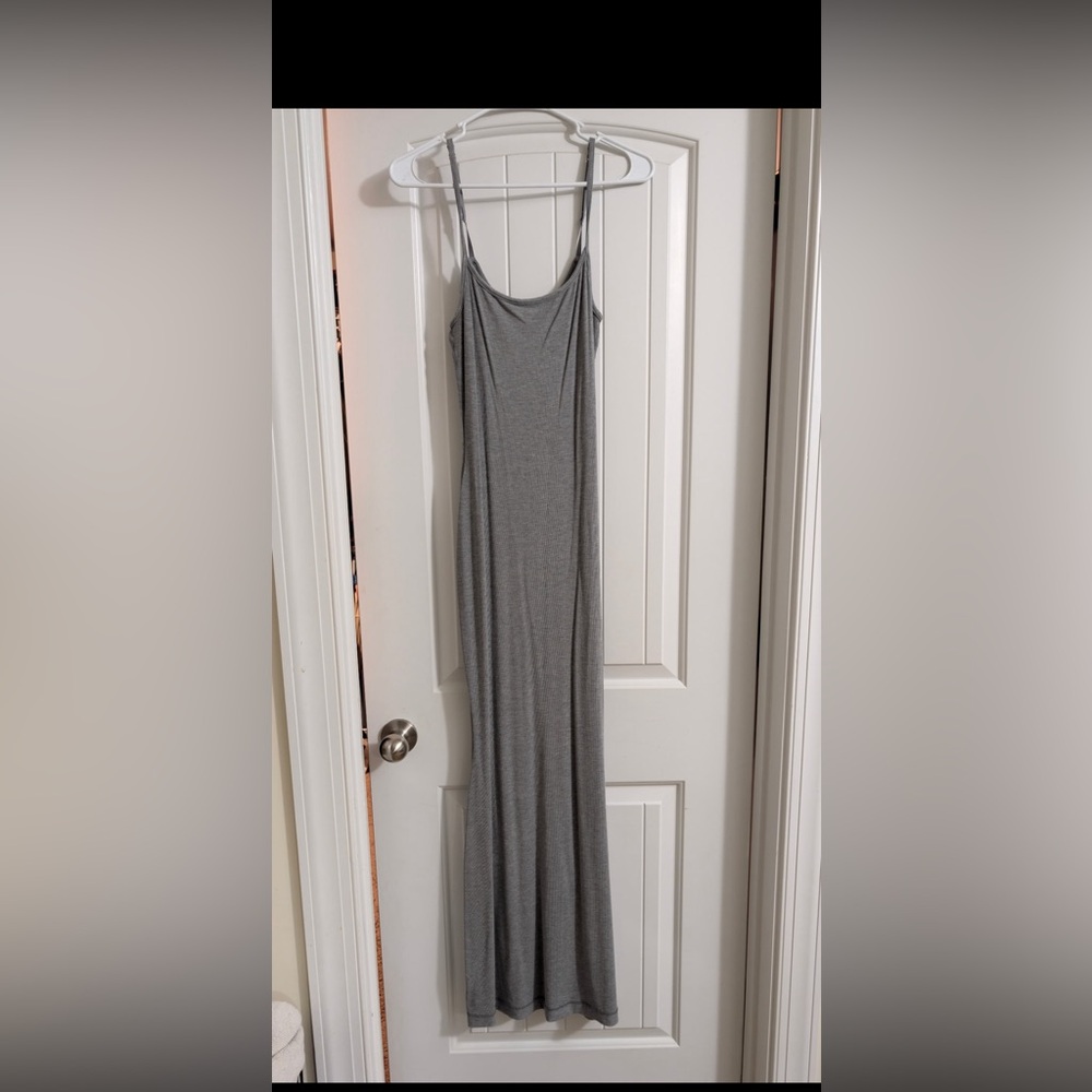 SKIMS Heather Gray Maxi Slip Dress with Thin Straps